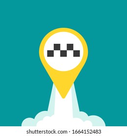 taxi rocket pin with acceleration clouds. Vector taxi mobile app icon. Call a taxi online, mobile application. UI, UX, KIT. Fast order taxi service. Vector illustration isolated on blue.