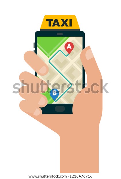 Taxi route on a map in a smartphone\
with a human hand vector flat icon isolated on\
white