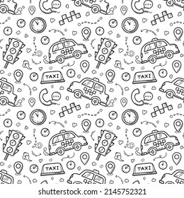 Taxi seamless pattern in the doodle hand drawn style. Black linear traffic light, cars, signs and cab