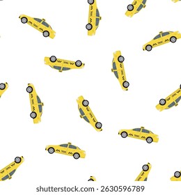 Taxi seamless pattern, yellow cars on white background. Taxi auto, texture pattern. Wallpaper template. Transport service. Yellow cab, passenger vehicle. flat vector illustration