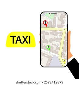Taxi search in smartphone, vector art illustration.