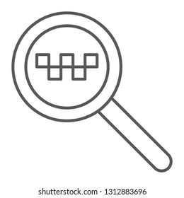 Taxi search thin line icon, find and taxi, lens sign, vector graphics, a linear pattern on a white background, eps 10.