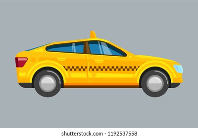 taxi sedan. yellow passenger uber car with checkers at side view urban vehicle vector illustrations isolated