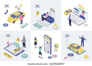 Taxi service 3d isometry concept for web design. Collection set with isometric people booking car online, tracking traffic and map navigation in app, call for ordering transfer. Vector illustration.