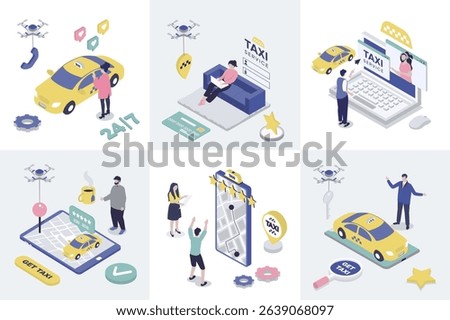 Taxi service 3d isometry concept for web design. Collection set with isometric people booking car online, tracking traffic and map navigation in app, call for ordering transfer. Vector illustration.
