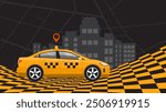 Taxi service abstract banner design. Cab illustration on black background with city houses and checkers. Delivery company business concept illustration.