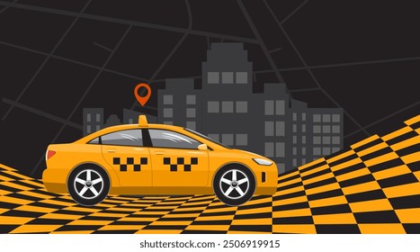 Diseño de Anuncio abstracto de servicio de taxi. Ilustración de cabina sobre fondo negro con casas de ciudad y damas. Ilustración de concepto de negocio de empresa de entrega.