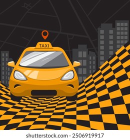 Abstraktes Banner-Design für Taxi-Service. Fahrerhaus-Illustration auf schwarzem Hintergrund mit Häusern und Dame. Lieferfirma Geschäftskonzept Illustration.