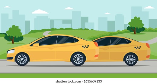 Taxi service app advertising web banner. Smart city transportation. Online order taxi service. For landing, poster, flyer. Yellow cars parking, pickup point in front of city street and park. 