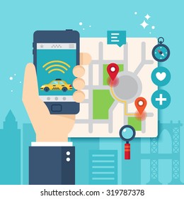Taxi service app concept. Flat stylish vector illustration