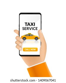 Taxi service app design. Mobile phone order taxi app illustration service driver yellow car.