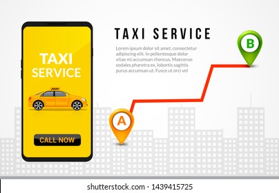 Taxi service app design. Mobile phone order taxi in city map location illustration.