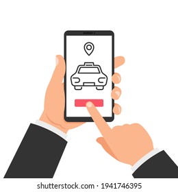 Taxi service app design. Mobile phone order taxi app illustration service driver outline car. Vector.