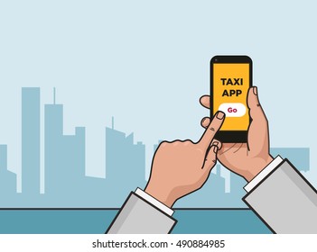 Taxi service app. Hand with smartphone and touchscreen. City skyscrapers in the background. Vector flat illustration. Pop art style.