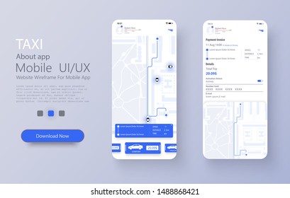 Taxi service app on mobile phone. Different UI, UX, GUI screens Taxi app and flat web icons for mobile apps. Concept of location service. Dashboard theme, creative infographic of city map navigation