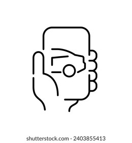 Taxi service app. Smart phone, hand and car. Pixel perfect icon