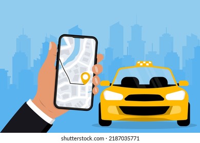 Taxi service. Taxi service application on the screenmobile. Online ordering taxi car. Smartphone screen with route and points location on a city map. Yellow car. Vector illustration