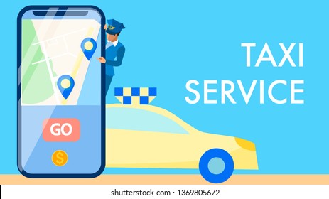 Taxi Service Application Vector Banner Concept. Chauffeur in Uniform Cartoon Character. Map and GPS Icons on Smartphone Screen. Cab Call, Transport Delivery Business Flat Illustration with Typography