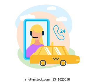 Taxi Service around-The-Clock Call Center, Mobile Application Flat Vector Icon Isolated on White Background. Yellow Cab Car, Helpdesk Female Operator with Headset on Smartphone Screen Illustration