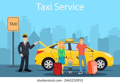 Taxi service background the city. Man and woman with luggage vector illustration in flat design.