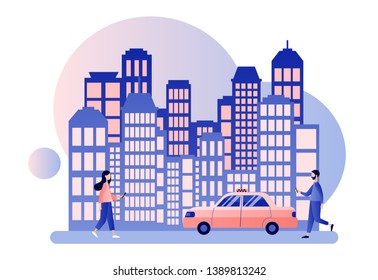 Taxi service. Background the city with skyscrapers. Flat cartoon style. Vector illustration