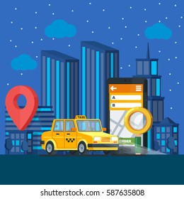 Taxi service. Banner in flat 3d style. Yellow taxi cab. Mobile phone with map and big city night on background. City silhouette with skyscrapers. Vector illustrations flat design in flat modern style