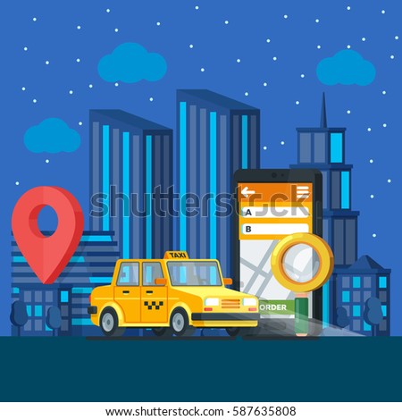 Taxi service. Banner in flat 3d style. Yellow taxi cab. Mobile phone with map and big city night on background. City silhouette with skyscrapers. Vector illustrations flat design in flat modern style