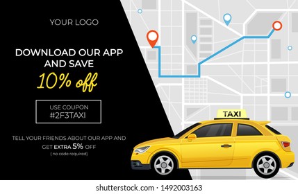 Taxi service banner with free ride discount vector illustration. Template with top view on modern city map with geolocation pins, yellow cars and promotion code flat style concept. Place for text