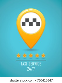 Taxi service banner. Yellow taxi icon. Yellow Map pin with taxi car sign on blue background. Vector illustration