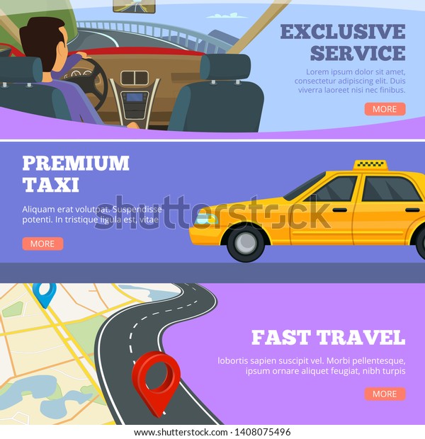 Taxi service\
banners. Yellow service cars driver in premium automobile road map\
vector flyers advertising template. Illustration of taxi service,\
car cab, urban\
transportation