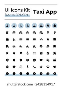 Servicio de taxi negro glifo ui iconos conjunto. Pedido de vehículo urbano. Símbolos de silueta en el espacio en blanco. Sólidos pictogramas para web, móvil. Ilustraciones vectoriales aisladas. Montserrat Negrita, Fuentes ligeras utilizadas