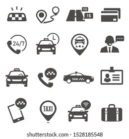 Taxi service black glyph vector icons set. Ordering auto silhouette symbols. Cab service, public transportation cliparts collection. Automobile, route, toll roads illustrations isolated on white