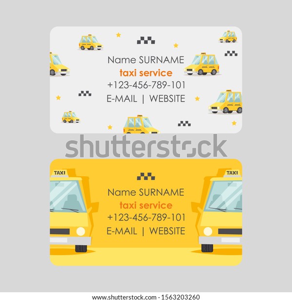 Taxi service business card design, vector\
illustration. Fast and reliable cab company contacts. Yellow car in\
cartoon style, corporate identity business card template, taxi\
icon, transport service