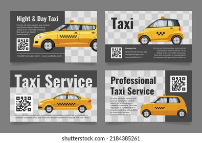 Taxi service business card yellow automobile transportation booking set vector illustration. Urban journey transport vehicle order search navigation company branding identification. Public traffic