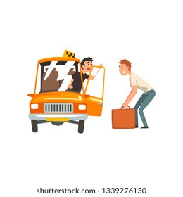 Taxi Service, Car Driver Talking with Male Passenger Vector Illustration