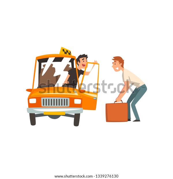 Taxi Service, Car Driver Talking with Male\
Passenger Vector\
Illustration