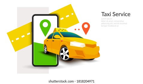 Taxi Service car con iconos de teléfono y ubicación afiche de pancarta ilustración 