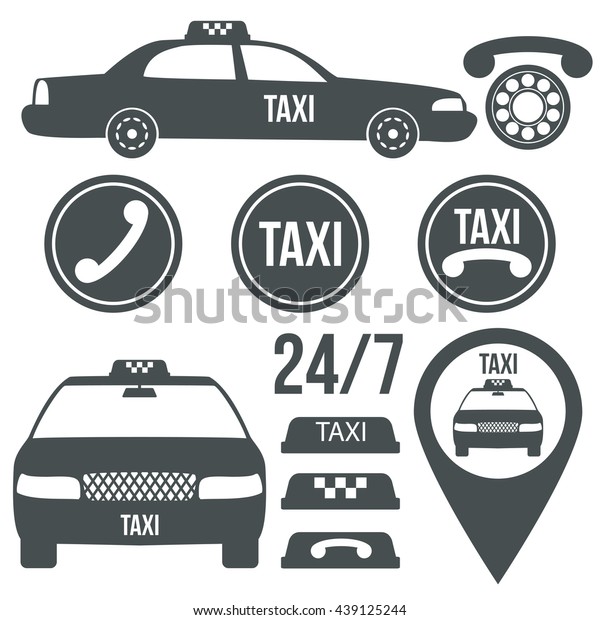Taxi service car.\
Car vector isolated sign. Car, phone, sticker, logo, badge, emblem\
and design element logotype. Taxi template. Vector. Black\
illustration on white\
background
