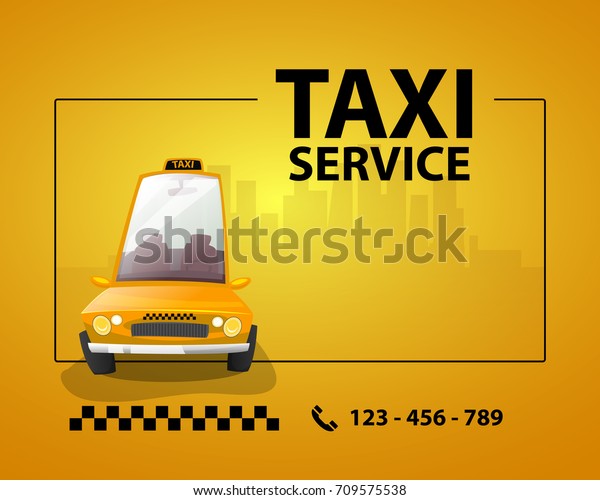 Taxi service card: Transport\
service car yellow on yellow background and sample text. Vector\
image