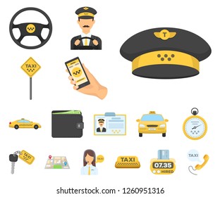 Taxi service cartoon icons in set collection for design. Taxi driver and transport vector symbol stock web illustration.