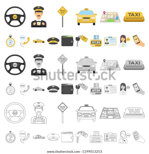 Taxi\
service cartoon icons in set collection for design. Taxi driver and\
transport vector symbol stock web\
illustration.