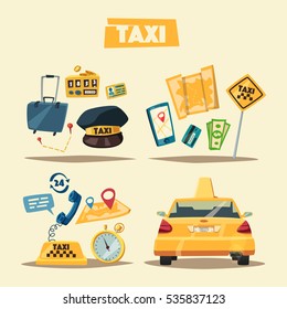 Taxi service. Cartoon vector illustration. Order and payment. Public auto transport banner. Landing and trip. Car in the city