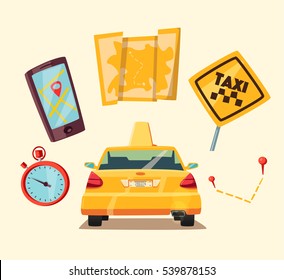 Taxi service. Cartoon vector illustration. Order and payment. Public auto transport banner. Landing and trip. Car in the city
