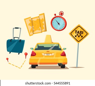 Taxi service. Cartoon vector illustration. Order and payment. Public auto transport banner. Landing and trip. Car in the city. 