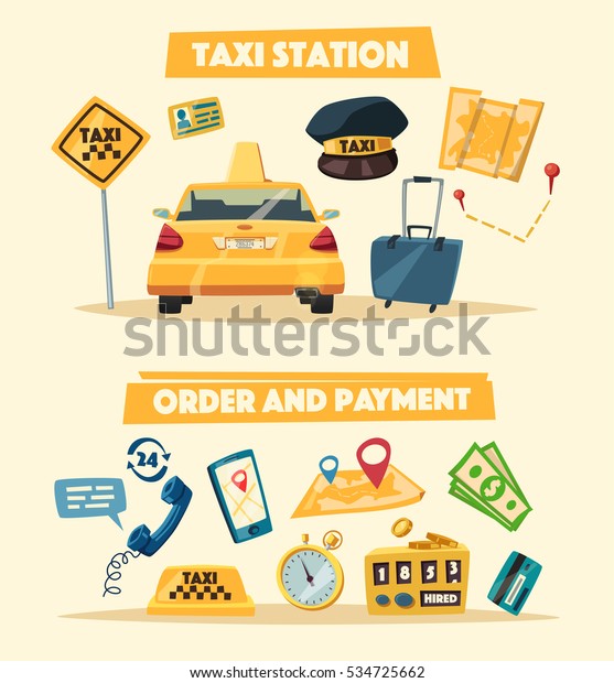 Taxi service. Cartoon vector illustration. Order and
payment. Public auto transport banner. Landing and trip. Car in the
city. 
