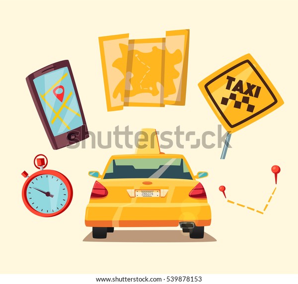Taxi service. Cartoon vector illustration. Order and\
payment. Public auto transport banner. Landing and trip. Car in the\
city