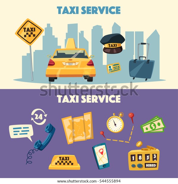 Taxi service. Cartoon vector illustration. Order and\
payment. Public auto transport banner. Landing and trip. Car in the\
city. 