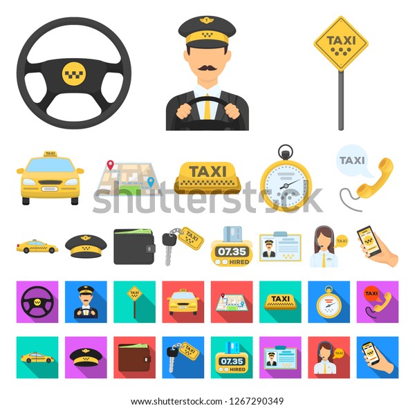 Taxi service cartoon,flat icons in set\
collection for design. Taxi driver and transport vector symbol\
stock web illustration.