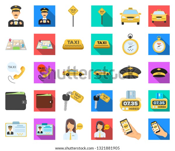 Taxi service cartoon,flat icons in set\
collection for design. Taxi driver and transport vector symbol\
stock web illustration.
