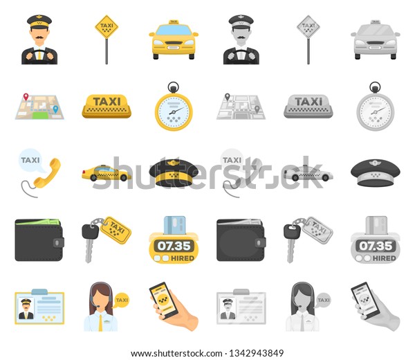 Taxi service cartoon,mono icons in set\
collection for design. Taxi driver and transport vector symbol\
stock web illustration.